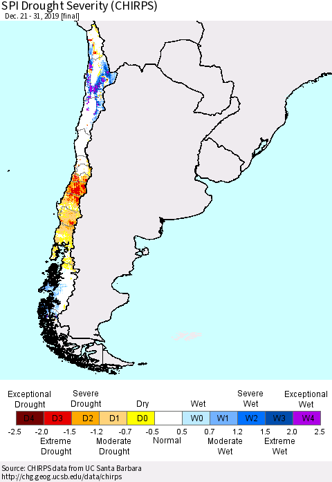 Chile SPI Drought Severity (CHIRPS) Thematic Map For 12/21/2019 - 12/31/2019