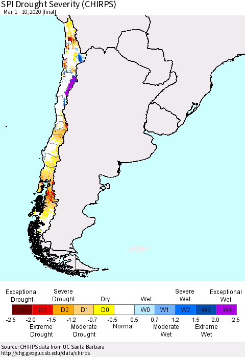 Chile SPI Drought Severity (CHIRPS) Thematic Map For 3/1/2020 - 3/10/2020