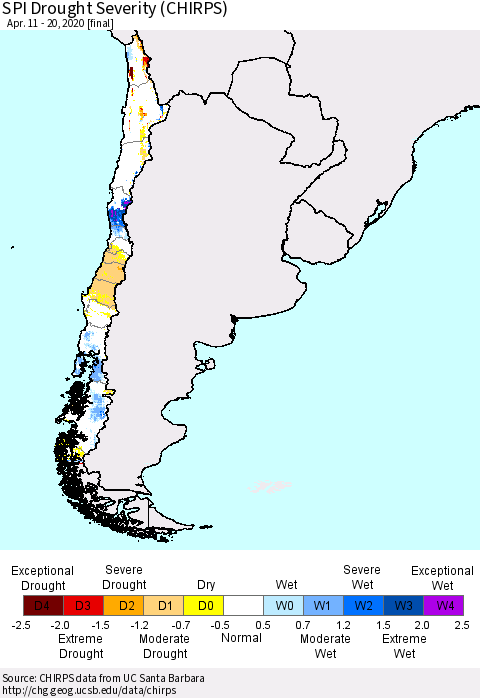 Chile SPI Drought Severity (CHIRPS) Thematic Map For 4/11/2020 - 4/20/2020