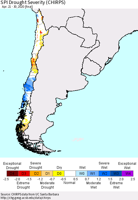 Chile SPI Drought Severity (CHIRPS) Thematic Map For 4/21/2020 - 4/30/2020