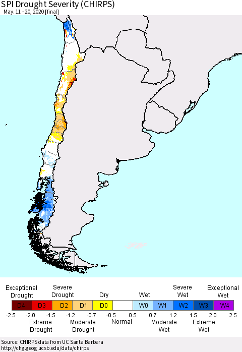 Chile SPI Drought Severity (CHIRPS) Thematic Map For 5/11/2020 - 5/20/2020