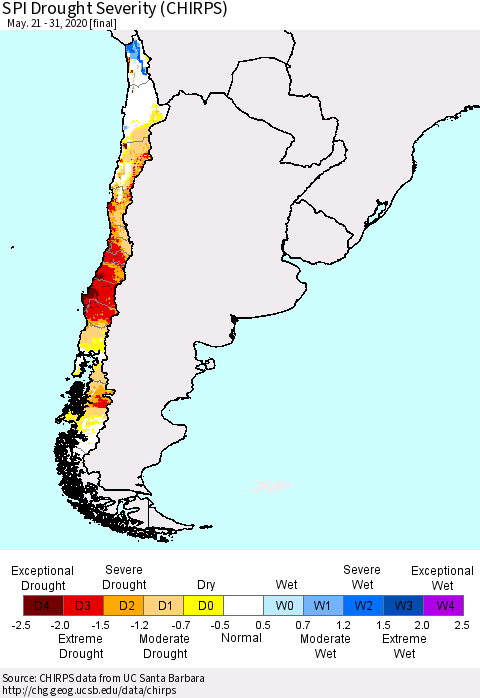 Chile SPI Drought Severity (CHIRPS) Thematic Map For 5/21/2020 - 5/31/2020
