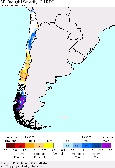 Chile SPI Drought Severity (CHIRPS) Thematic Map For 6/1/2020 - 6/10/2020