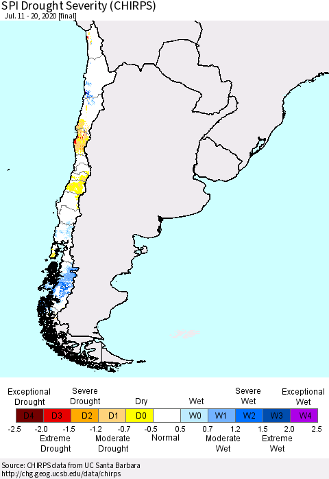 Chile SPI Drought Severity (CHIRPS) Thematic Map For 7/11/2020 - 7/20/2020