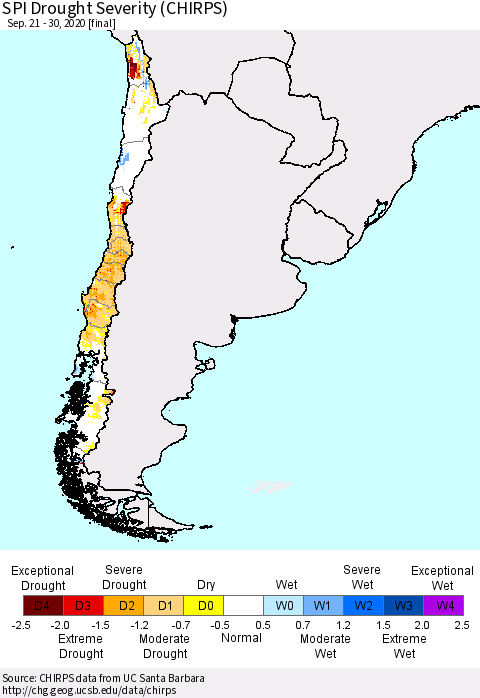 Chile SPI Drought Severity (CHIRPS) Thematic Map For 9/21/2020 - 9/30/2020