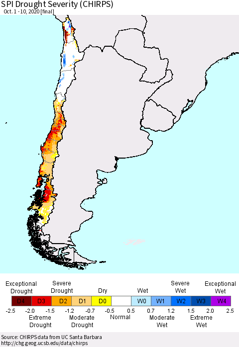 Chile SPI Drought Severity (CHIRPS) Thematic Map For 10/1/2020 - 10/10/2020