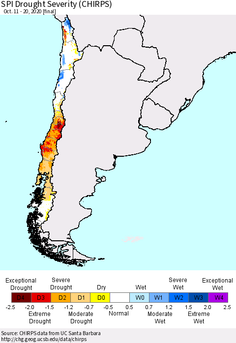 Chile SPI Drought Severity (CHIRPS) Thematic Map For 10/11/2020 - 10/20/2020