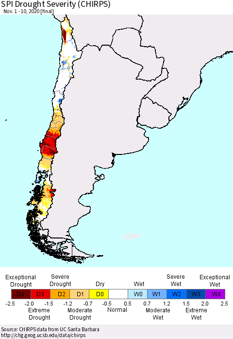 Chile SPI Drought Severity (CHIRPS) Thematic Map For 11/1/2020 - 11/10/2020