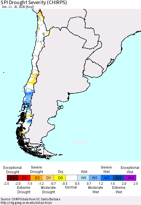 Chile SPI Drought Severity (CHIRPS) Thematic Map For 12/11/2020 - 12/20/2020