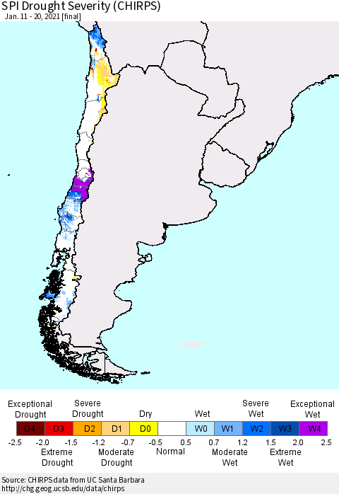 Chile SPI Drought Severity (CHIRPS) Thematic Map For 1/11/2021 - 1/20/2021