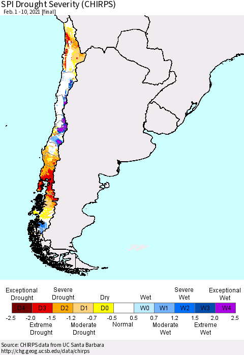 Chile SPI Drought Severity (CHIRPS) Thematic Map For 2/1/2021 - 2/10/2021
