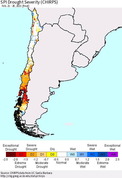 Chile SPI Drought Severity (CHIRPS) Thematic Map For 2/21/2021 - 2/28/2021