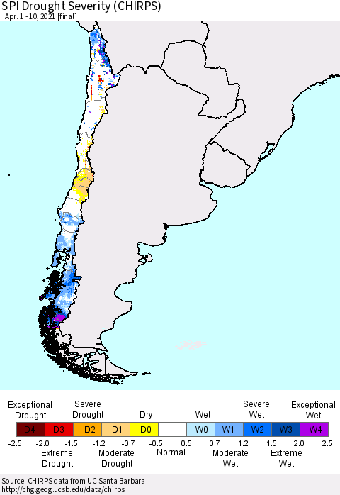 Chile SPI Drought Severity (CHIRPS) Thematic Map For 4/1/2021 - 4/10/2021