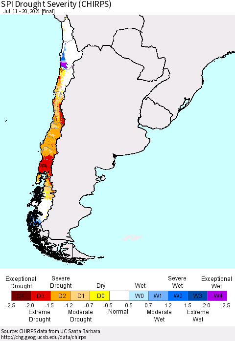 Chile SPI Drought Severity (CHIRPS) Thematic Map For 7/11/2021 - 7/20/2021