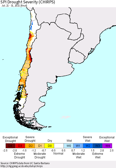 Chile SPI Drought Severity (CHIRPS) Thematic Map For 7/21/2021 - 7/31/2021