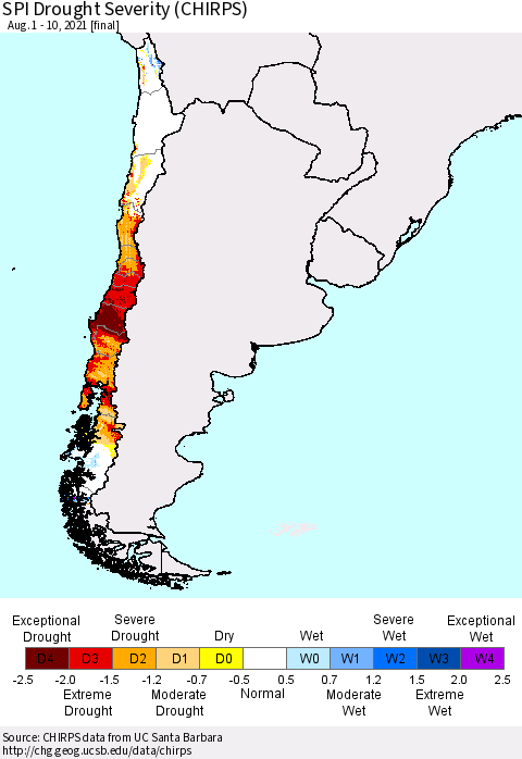 Chile SPI Drought Severity (CHIRPS) Thematic Map For 8/1/2021 - 8/10/2021