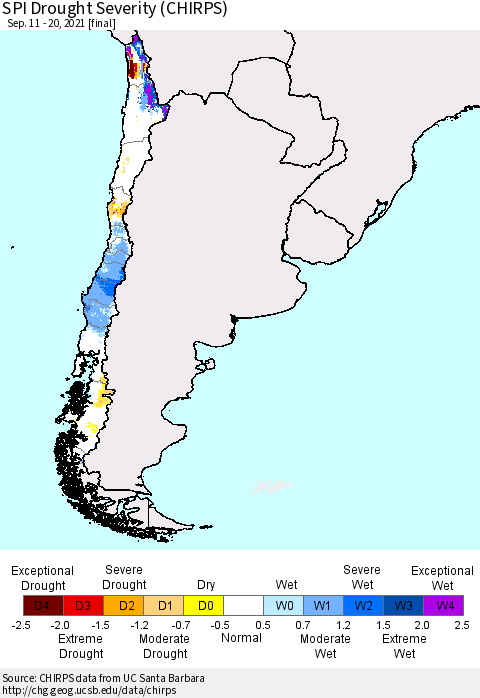 Chile SPI Drought Severity (CHIRPS) Thematic Map For 9/11/2021 - 9/20/2021