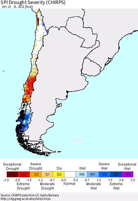 Chile SPI Drought Severity (CHIRPS) Thematic Map For 10/21/2021 - 10/31/2021