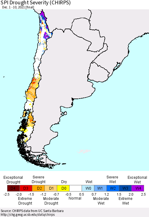 Chile SPI Drought Severity (CHIRPS) Thematic Map For 12/1/2021 - 12/10/2021