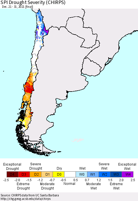 Chile SPI Drought Severity (CHIRPS) Thematic Map For 12/21/2021 - 12/31/2021