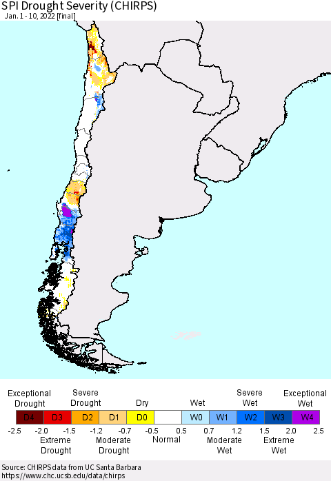 Chile SPI Drought Severity (CHIRPS) Thematic Map For 1/1/2022 - 1/10/2022