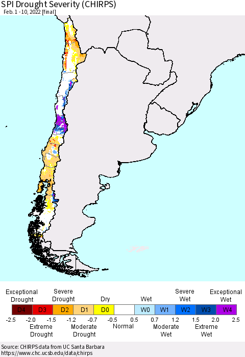 Chile SPI Drought Severity (CHIRPS) Thematic Map For 2/1/2022 - 2/10/2022
