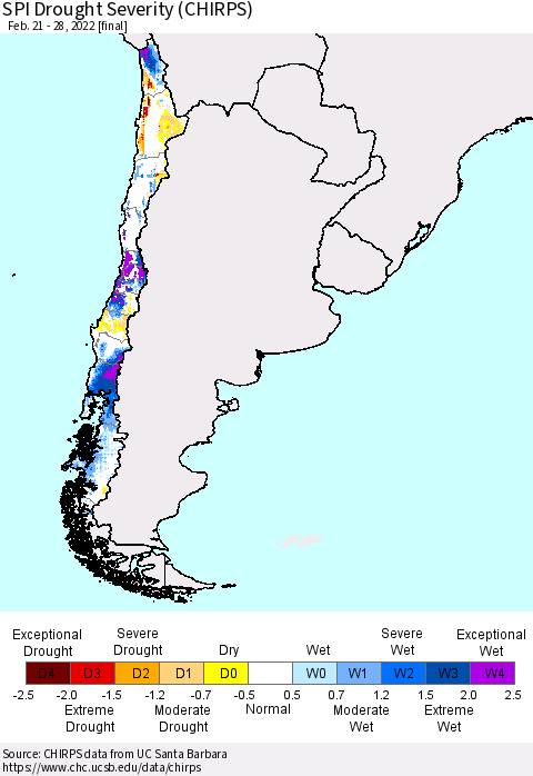 Chile SPI Drought Severity (CHIRPS) Thematic Map For 2/21/2022 - 2/28/2022