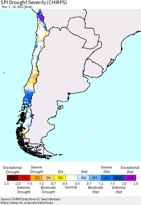 Chile SPI Drought Severity (CHIRPS) Thematic Map For 3/1/2022 - 3/10/2022