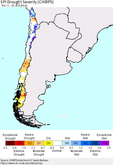 Chile SPI Drought Severity (CHIRPS) Thematic Map For 3/11/2022 - 3/20/2022