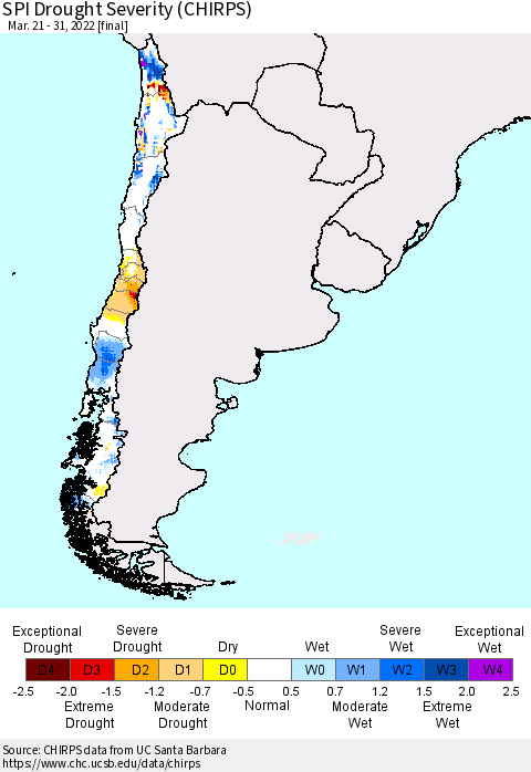 Chile SPI Drought Severity (CHIRPS) Thematic Map For 3/21/2022 - 3/31/2022