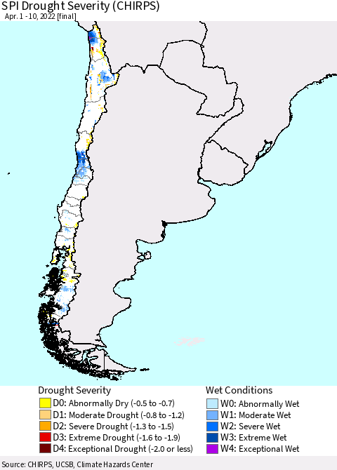Chile SPI Drought Severity (CHIRPS) Thematic Map For 4/1/2022 - 4/10/2022