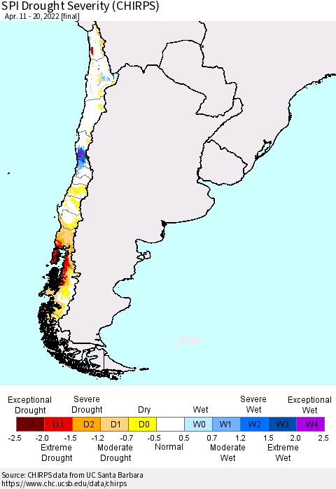 Chile SPI Drought Severity (CHIRPS) Thematic Map For 4/11/2022 - 4/20/2022