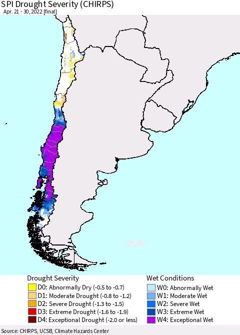 Chile SPI Drought Severity (CHIRPS) Thematic Map For 4/21/2022 - 4/30/2022