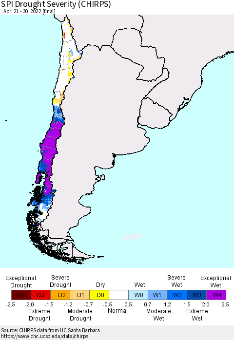 Chile SPI Drought Severity (CHIRPS) Thematic Map For 4/21/2022 - 4/30/2022
