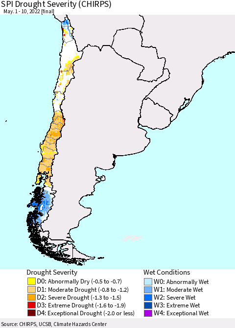 Chile SPI Drought Severity (CHIRPS) Thematic Map For 5/1/2022 - 5/10/2022