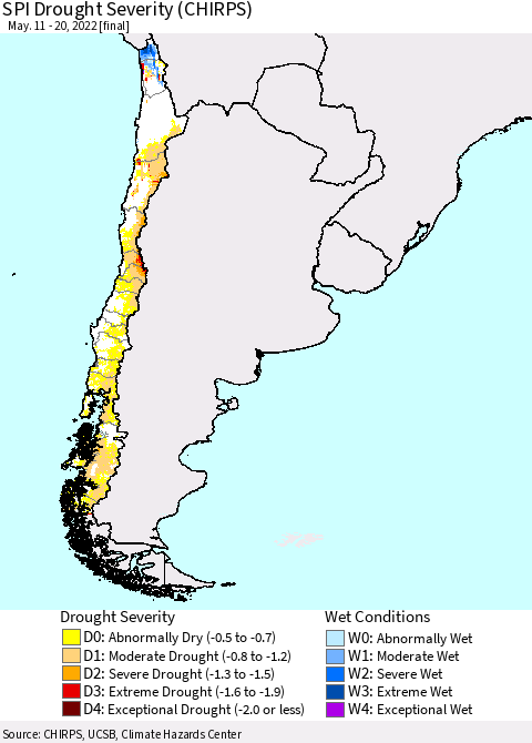 Chile SPI Drought Severity (CHIRPS) Thematic Map For 5/11/2022 - 5/20/2022