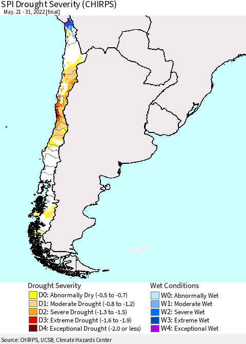 Chile SPI Drought Severity (CHIRPS) Thematic Map For 5/21/2022 - 5/31/2022