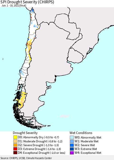 Chile SPI Drought Severity (CHIRPS) Thematic Map For 6/1/2022 - 6/10/2022