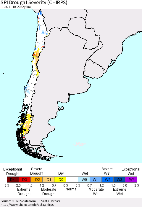 Chile SPI Drought Severity (CHIRPS) Thematic Map For 6/1/2022 - 6/10/2022