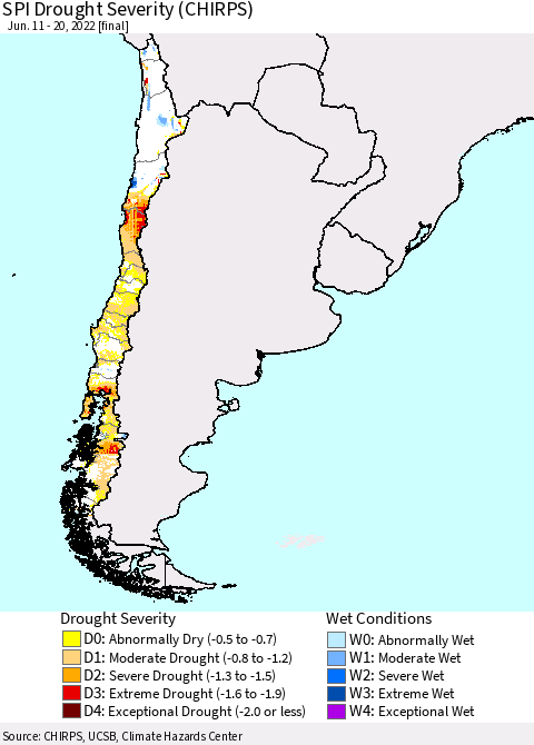 Chile SPI Drought Severity (CHIRPS) Thematic Map For 6/11/2022 - 6/20/2022