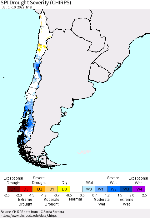 Chile SPI Drought Severity (CHIRPS) Thematic Map For 7/1/2022 - 7/10/2022