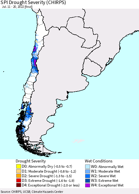 Chile SPI Drought Severity (CHIRPS) Thematic Map For 7/11/2022 - 7/20/2022