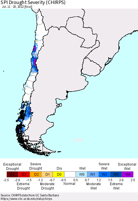 Chile SPI Drought Severity (CHIRPS) Thematic Map For 7/11/2022 - 7/20/2022
