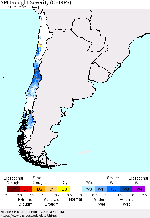 Chile SPI Drought Severity (CHIRPS) Thematic Map For 7/11/2022 - 7/20/2022