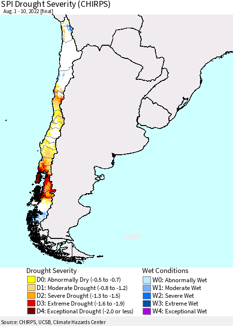 Chile SPI Drought Severity (CHIRPS) Thematic Map For 8/1/2022 - 8/10/2022