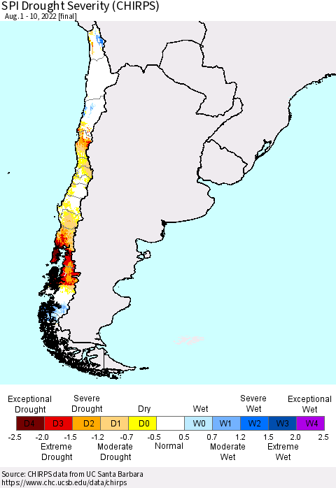 Chile SPI Drought Severity (CHIRPS) Thematic Map For 8/1/2022 - 8/10/2022