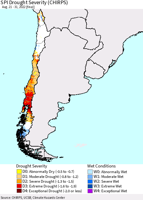 Chile SPI Drought Severity (CHIRPS) Thematic Map For 8/21/2022 - 8/31/2022