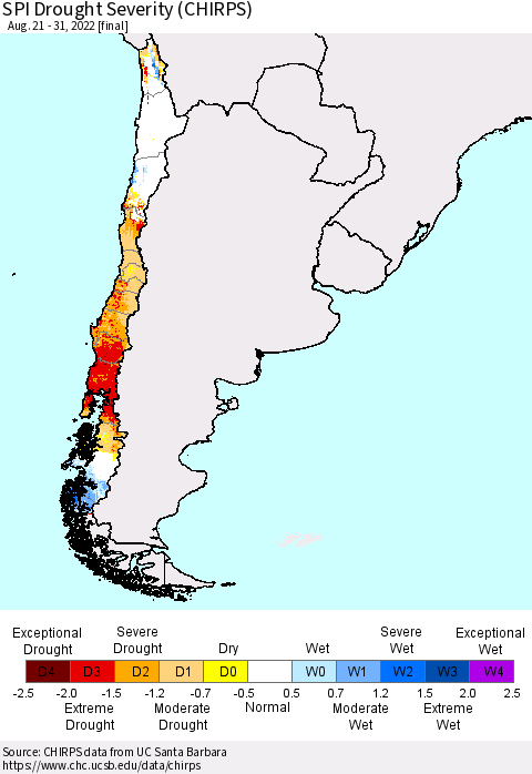 Chile SPI Drought Severity (CHIRPS) Thematic Map For 8/21/2022 - 8/31/2022