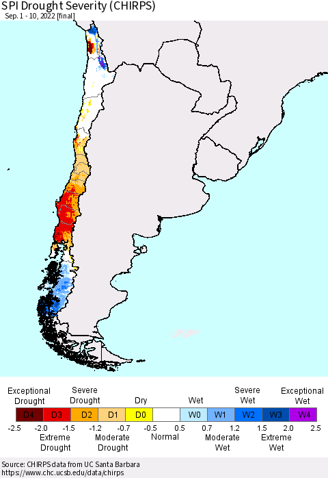 Chile SPI Drought Severity (CHIRPS) Thematic Map For 9/1/2022 - 9/10/2022