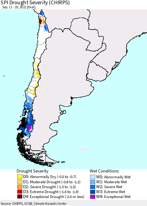 Chile SPI Drought Severity (CHIRPS) Thematic Map For 9/11/2022 - 9/20/2022